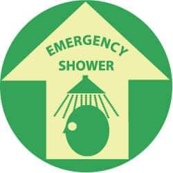 NMC - Emergency Shower, Anti-Skid Polyester Floor Sign - Round, Green on Yellow (Glow), Adhesive Backed, For First Aid - A1 Tooling