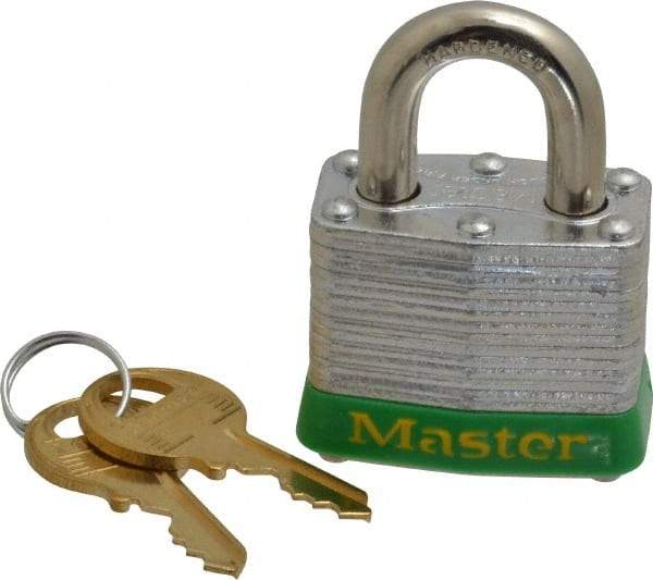 Master Lock - Keyed Alike Retaining Key Conductive Lockout Padlock - 3/4" Shackle Clearance, 9/32" Shackle Diam, 1-1/4" Body Height x 1-9/16" Body Width, Green, 4 Pins - A1 Tooling