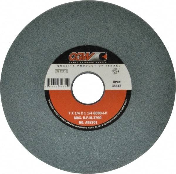 Camel Grinding Wheels - 7" Diam x 1-1/4" Hole x 1/4" Thick, I Hardness, 80 Grit Surface Grinding Wheel - Silicon Carbide, Type 1, Medium Grade, 3,760 Max RPM, Vitrified Bond, No Recess - A1 Tooling