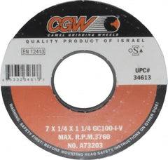 Camel Grinding Wheels - 7" Diam x 1-1/4" Hole x 1/4" Thick, I Hardness, 100 Grit Surface Grinding Wheel - Silicon Carbide, Type 1, Fine Grade, 3,760 Max RPM, Vitrified Bond, No Recess - A1 Tooling