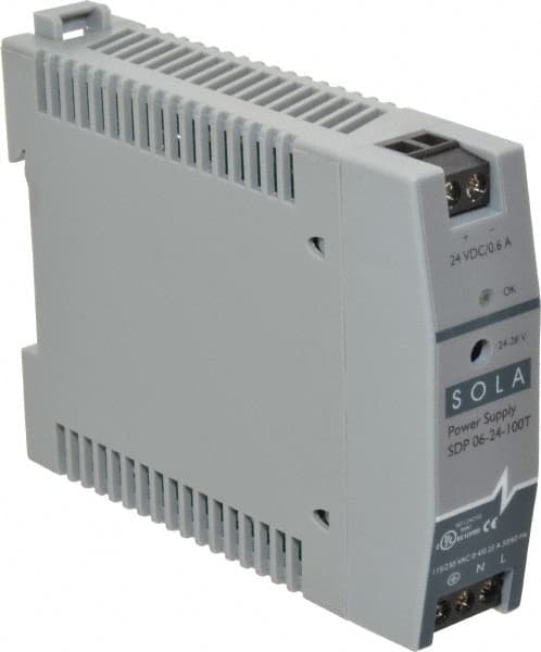 Sola/Hevi-Duty - 100 Watt, 0.60 Amp, 264 VAC, 375 VDC Input, 24 to 28 VDC Output, DIN Rail Power Supply - Screw Terminal Connection, 1 Output, 0.9 Inch Wide x 3.8 Inch Deep x 2.95 Inch High, Up to 80% Efficiency, 14 to 140°F, Green LED Display - A1 Tooling