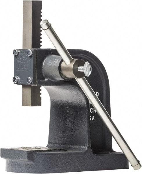 Dake - 1" Ram, 3-1/2" Throat Depth, 1 Ton Manual Arbor Press - 4-1/2" Max Work Height x 7" Max Work Width, Single Leverage, 25:1 Leverage Ratio, 4-1/4" Base Width x 9-1/2" Base Depth - A1 Tooling