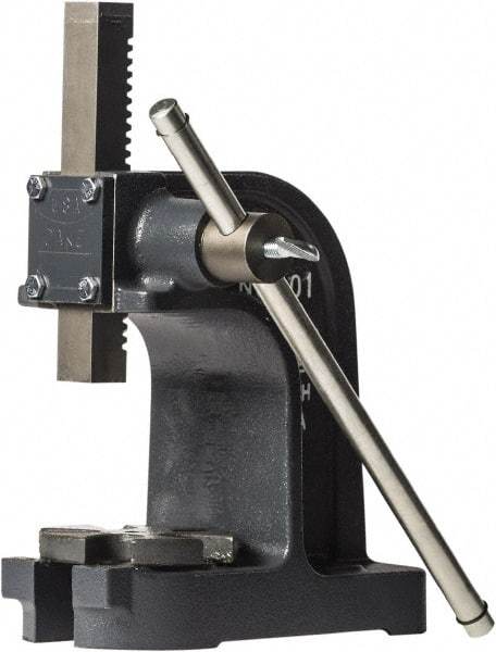 Dake - 1" Ram, 3-1/2" Throat Depth, 1 Ton Manual Arbor Press - 4-1/2" Max Work Height x 7" Max Work Width, Single Leverage, 25:1 Leverage Ratio, 4-1/4" Base Width x 9" Base Depth - A1 Tooling