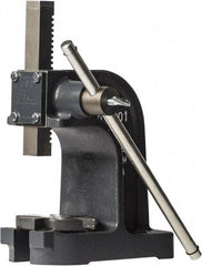 Dake - 1" Ram, 3-1/2" Throat Depth, 1 Ton Manual Arbor Press - 4-1/2" Max Work Height x 7" Max Work Width, Single Leverage, 25:1 Leverage Ratio, 4-1/4" Base Width x 9" Base Depth - A1 Tooling