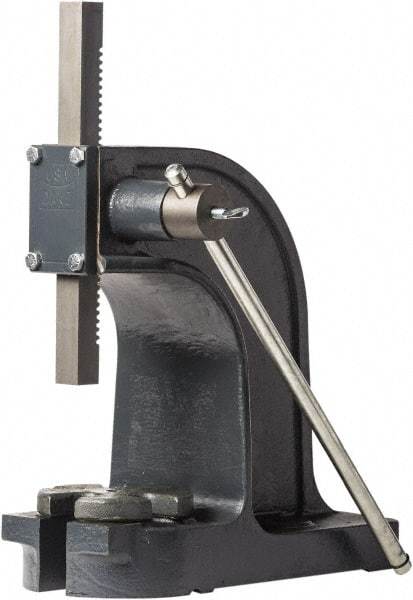 Dake - 1" Ram, 4-1/2" Throat Depth, 1-1/2 Ton Manual Arbor Press - 7-1/8" Max Work Height x 9" Max Work Width, Single Leverage, 32:1 Leverage Ratio, 6" Base Width x 14" Base Depth - A1 Tooling