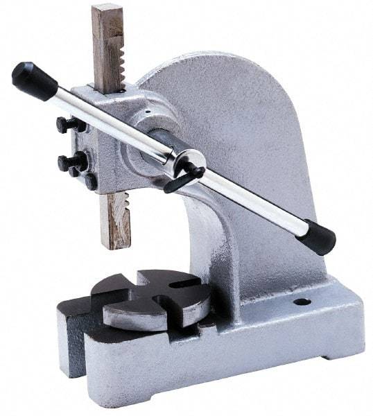 Interstate - 2-7/8" Ram, 9-7/16" Throat Depth, 5 Ton Manual Arbor Press - 18" Max Work Height x 18-7/8" Max Work Width, Single Leverage, 11" Base Width x 26" Base Depth - A1 Tooling