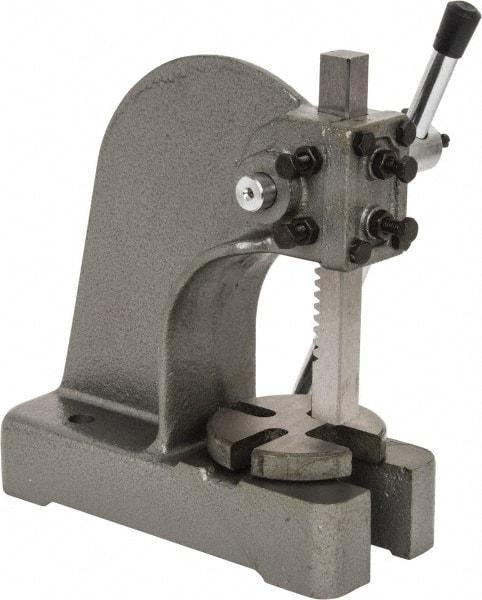 Interstate - 3/4" Ram, 3-1/4" Throat Depth, 1/2 Ton Manual Arbor Press - 4-1/2" Max Work Height x 6-1/2" Max Work Width, Single Leverage, 4" Base Width x 9-1/2" Base Depth - A1 Tooling