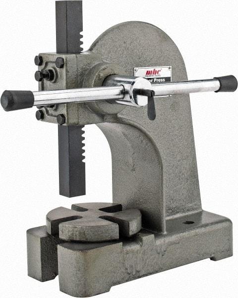 Interstate - 1" Ram, 4" Throat Depth, 1 Ton Manual Arbor Press - 5-1/4" Max Work Height x 8" Max Work Width, Single Leverage, 5" Base Width x 11" Base Depth - A1 Tooling