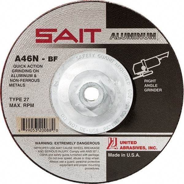 Sait - 46 Grit, 4-1/2" Wheel Diam, 1/4" Wheel Thickness, Type 27 Depressed Center Wheel - Aluminum Oxide, Resinoid Bond, N Hardness, 13,300 Max RPM, Compatible with Angle Grinder - A1 Tooling