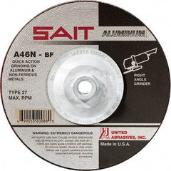 Sait - 46 Grit, 7" Wheel Diam, 1/4" Wheel Thickness, Type 27 Depressed Center Wheel - Aluminum Oxide, Resinoid Bond, N Hardness, 8,500 Max RPM, Compatible with Angle Grinder - A1 Tooling