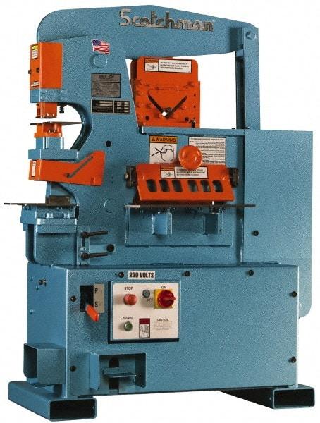 Scotchman - 6" Throat Depth, 50 Ton Punch Pressure, 1-1/4" in 1/2" & 13/16" in 3/4" Punch Capacity Ironworker - 3 hp, 3 Phase, 208/380/575 (Standard), 220 (Optional) & 230/460 (Standard) Volts, 47" Wide x 59" High x 29" Deep - A1 Tooling