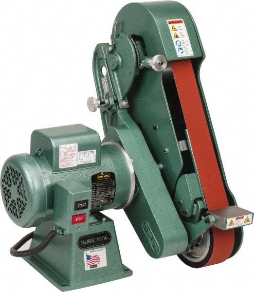 Burr King - 60 Inch Long x 2-1/2 Inch Wide Belt Grinder - 1-1/2 hp, 120/220 Volts, Vertical Belt, 800 to 8,000 Ft. per Min Belt Speed - A1 Tooling