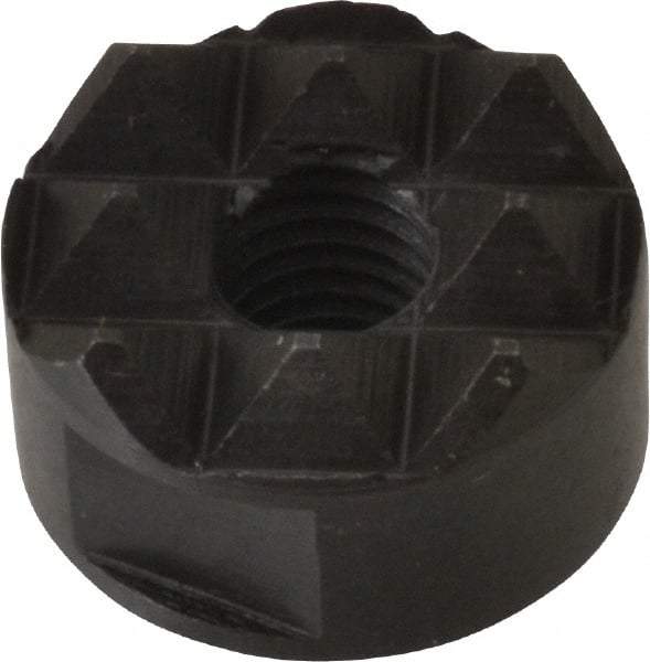 Fairlane - 1/4-28 Thread, 5/8" Diam, 3/8" High, Threaded, Coarse Tooth Grade Diamond Serration Tooth Pattern, High Speed Steel, Round Positioning Gripper - 3/16" Flat Width, Black Oxide Coated - A1 Tooling