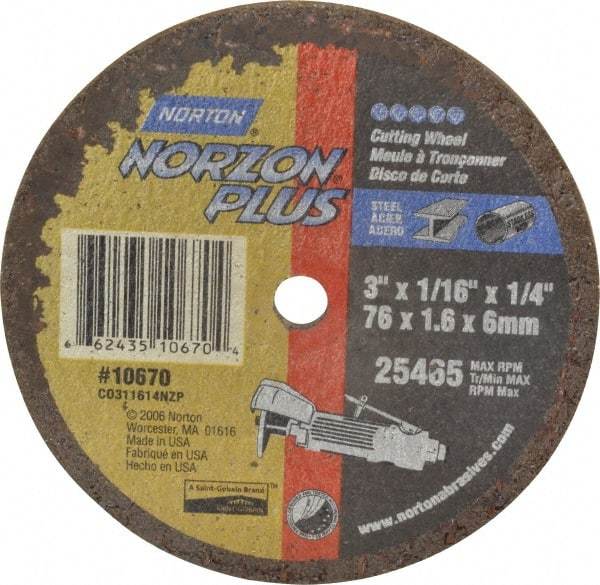 Norton - 3" Ceramic Cutoff Wheel - 1/16" Thick, 1/4" Arbor, 25,465 Max RPM, Use with Die Grinders - A1 Tooling