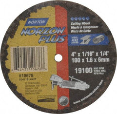 Norton - 4" 36 Grit Ceramic Cutoff Wheel - 1/16" Thick, 1/4" Arbor, 19,100 Max RPM, Use with Die Grinders - A1 Tooling