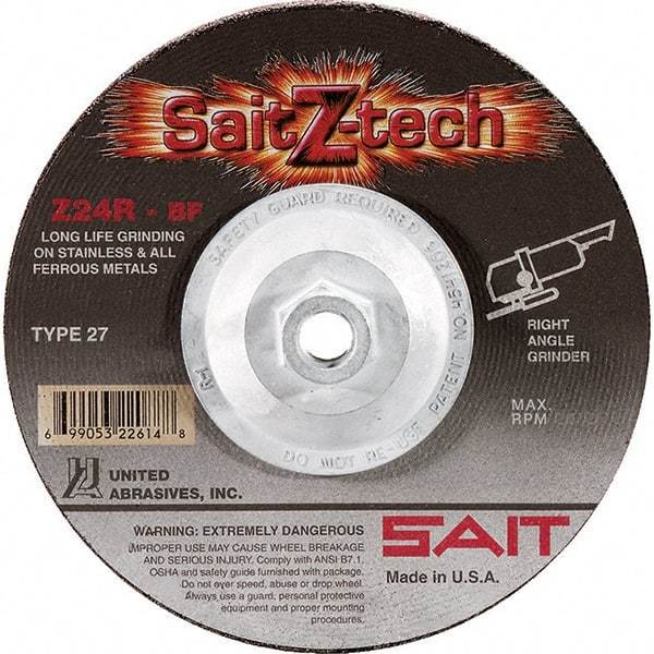 Sait - 24 Grit, 4-1/2" Wheel Diam, 1/4" Wheel Thickness, Type 27 Depressed Center Wheel - Zirconia Alumina, Resinoid Bond, R Hardness, 13,300 Max RPM, Compatible with Angle Grinder - A1 Tooling