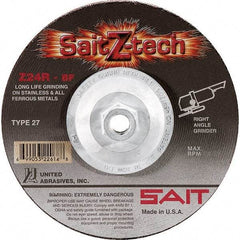 Sait - 24 Grit, 7" Wheel Diam, 1/4" Wheel Thickness, Type 27 Depressed Center Wheel - Zirconia Alumina, Resinoid Bond, R Hardness, 8,500 Max RPM, Compatible with Angle Grinder - A1 Tooling