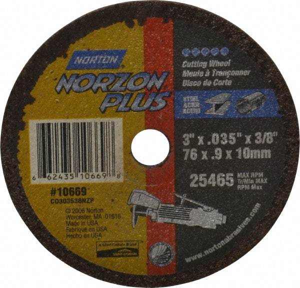 Norton - 3" Ceramic Cutoff Wheel - 0.035" Thick, 3/8" Arbor, 25,465 Max RPM, Use with Die Grinders - A1 Tooling