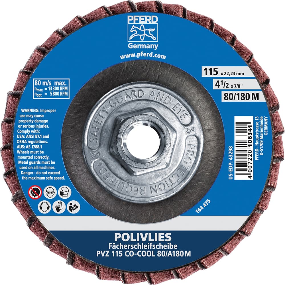 PFERD - Flap Discs; Abrasive Type: Coated & Non-Woven Combo ; Flap Disc Type: Compact ; Disc Diameter (Inch): 4-1/2 ; Abrasive Material: Ceramic Oxide ; Grit: 80 ; Attaching System: Hub - Exact Industrial Supply