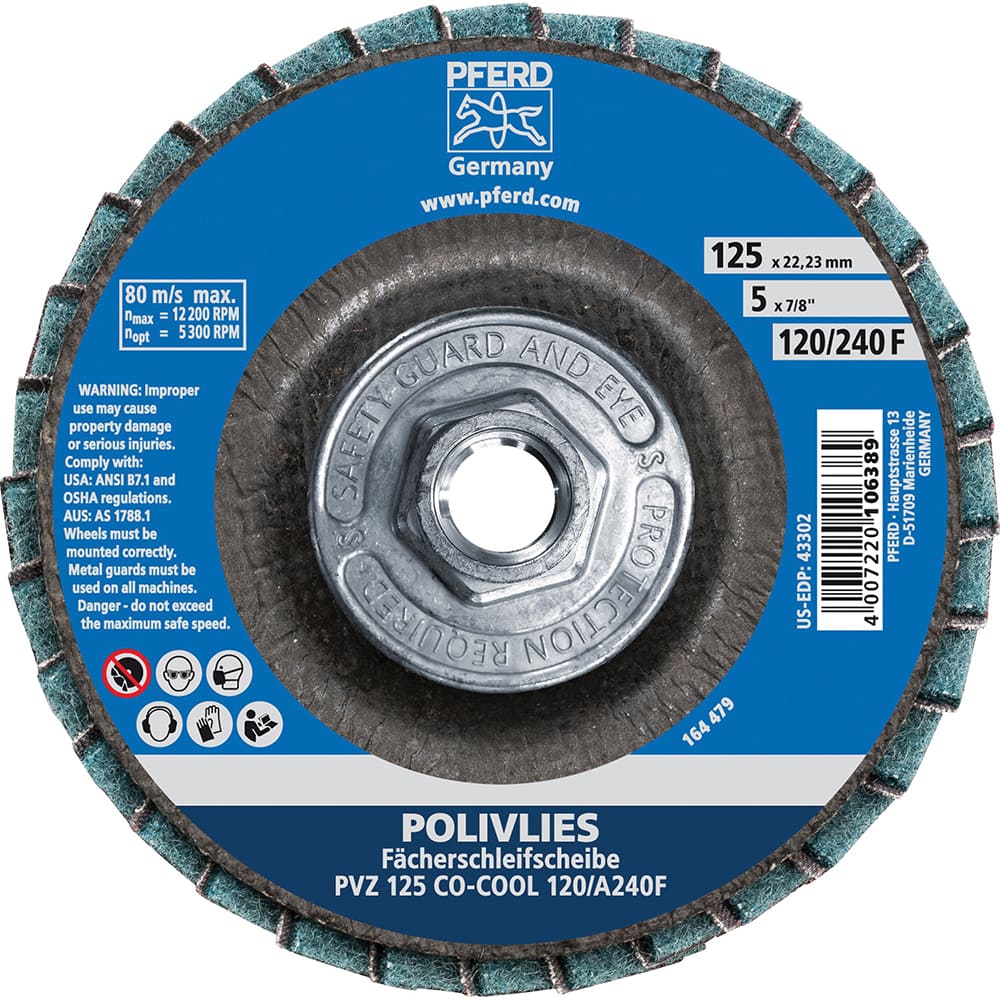 PFERD - Flap Discs; Abrasive Type: Coated & Non-Woven Combo ; Flap Disc Type: Compact ; Disc Diameter (Inch): 5 ; Abrasive Material: Ceramic Oxide ; Grit: 120 ; Attaching System: Hub - Exact Industrial Supply