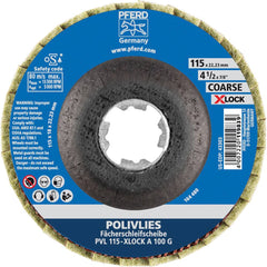 PFERD - Flap Discs; Abrasive Type: Non-Woven ; Flap Disc Type: Compact ; Disc Diameter (Inch): 4-1/2 ; Abrasive Material: Aluminum Oxide ; Grit: 100 ; Attaching System: Quick Change X-Lock - Exact Industrial Supply