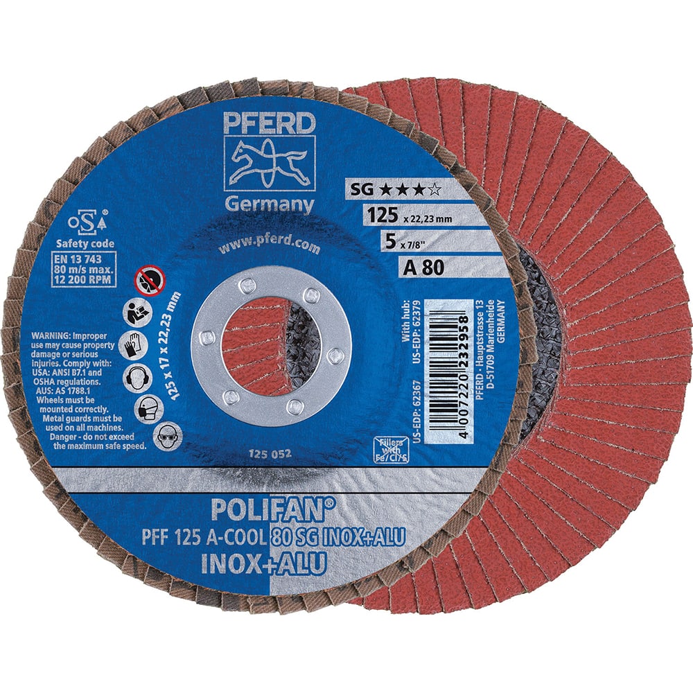 Flap Disc: 7/8″ Hole, 80 Grit, Aluminum Oxide, Type 27 Coated, Fiber-Backed, 12,200 RPM