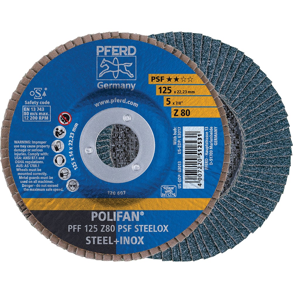 PFERD - Flap Discs; Abrasive Type: Coated ; Flap Disc Type: Type 27 ; Disc Diameter (Inch): 5 ; Abrasive Material: Zirconia Alumina ; Grit: 80 ; Attaching System: Arbor - Exact Industrial Supply