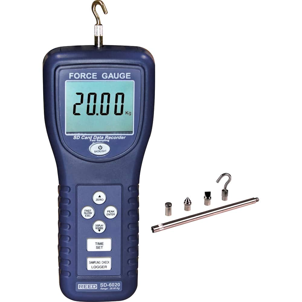 REED Instruments - Digital Tension & Compression Force Gages; Capacity (lbf): 44.10 ; Capacity (N): 196.12 ; Capacity (kgf): 20.00 ; Resolution (lbf): 0.0100 ; Resolution (kgf): 0.0100 ; Resolution (N): 0.0200 - Exact Industrial Supply