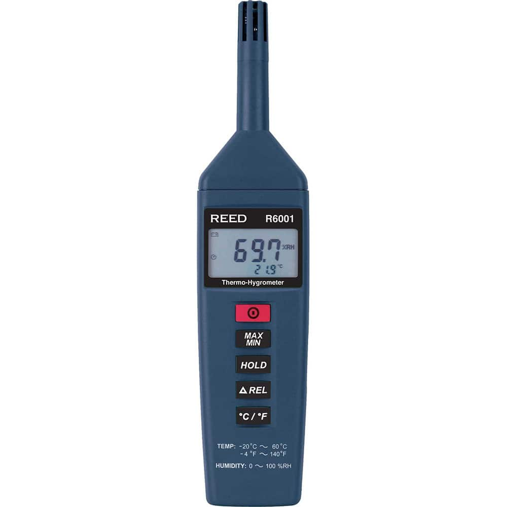 REED Instruments - Thermometer/Hygrometers & Barometers; Type: Thermo-Hygrometer ; Minimum Relative Humidity (%): 0 ; Maximum Relative Humidity (%): 100.00 ; Minimum Temperature (C): -20.00 ; Minimum Temperature (F): -4.000 ; Maximum Temperature (C): 60. - Exact Industrial Supply