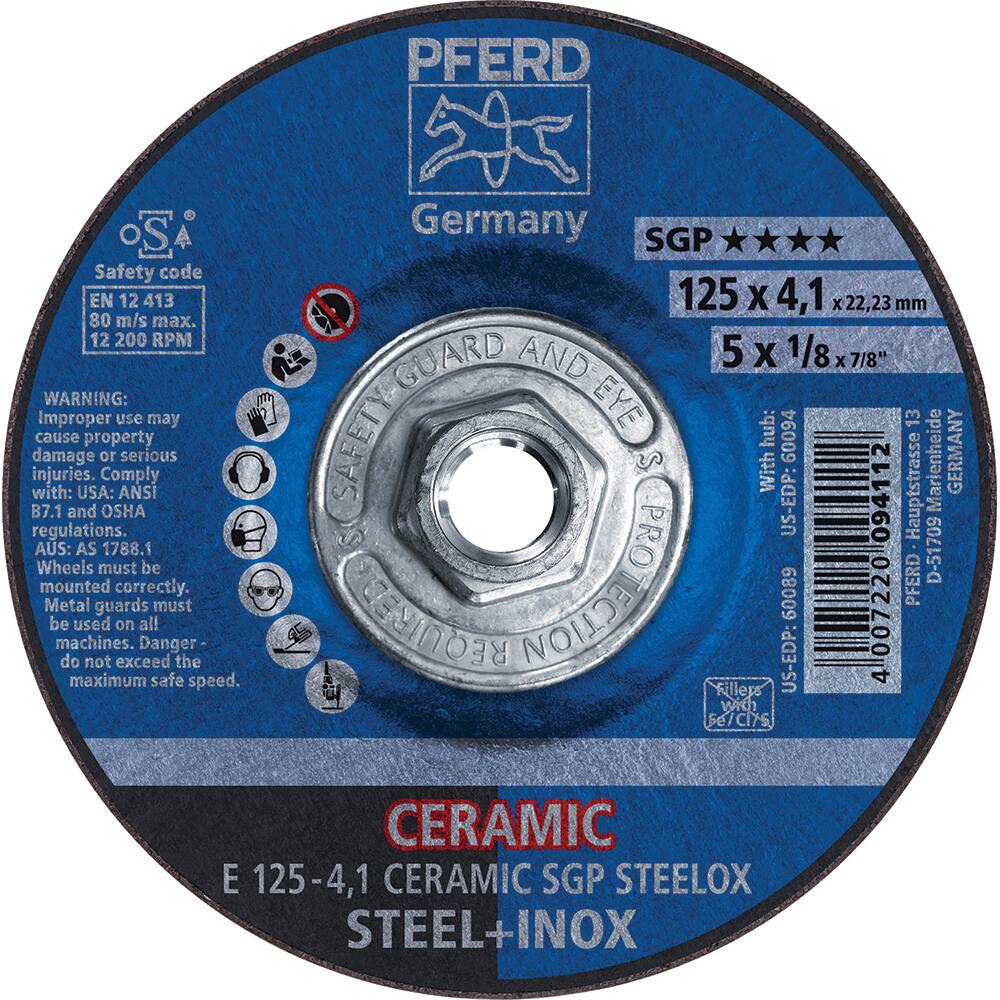 PFERD - Depressed-Center Wheels; Hole Thread Size: 5/8-11 ; Connector Type: Arbor ; Wheel Type Number: Type 27 ; Abrasive Material: Ceramic Oxide ; Maximum RPM: 12200.000 ; Grit: 24 - Exact Industrial Supply