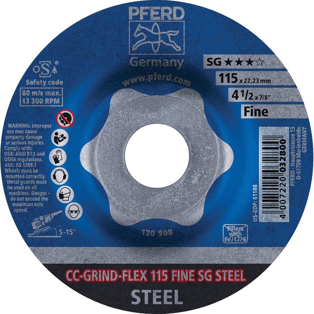 PFERD - Depressed-Center Wheels; Grade: Fine ; Hole Size (Inch): 7/8 ; Connector Type: Arbor ; Wheel Type Number: Type 1 ; Abrasive Material: Steel ; Maximum RPM: 13300.000 - Exact Industrial Supply