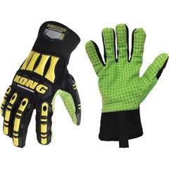 ironCLAD - Size M (8), ANSI Cut Lvl A5, Abrasion Lvl 5, Cut Resistant Gloves - 11" Long, Uncoated, Polyester Lining, Slip-On Cuff, Black/Green, Paired - A1 Tooling