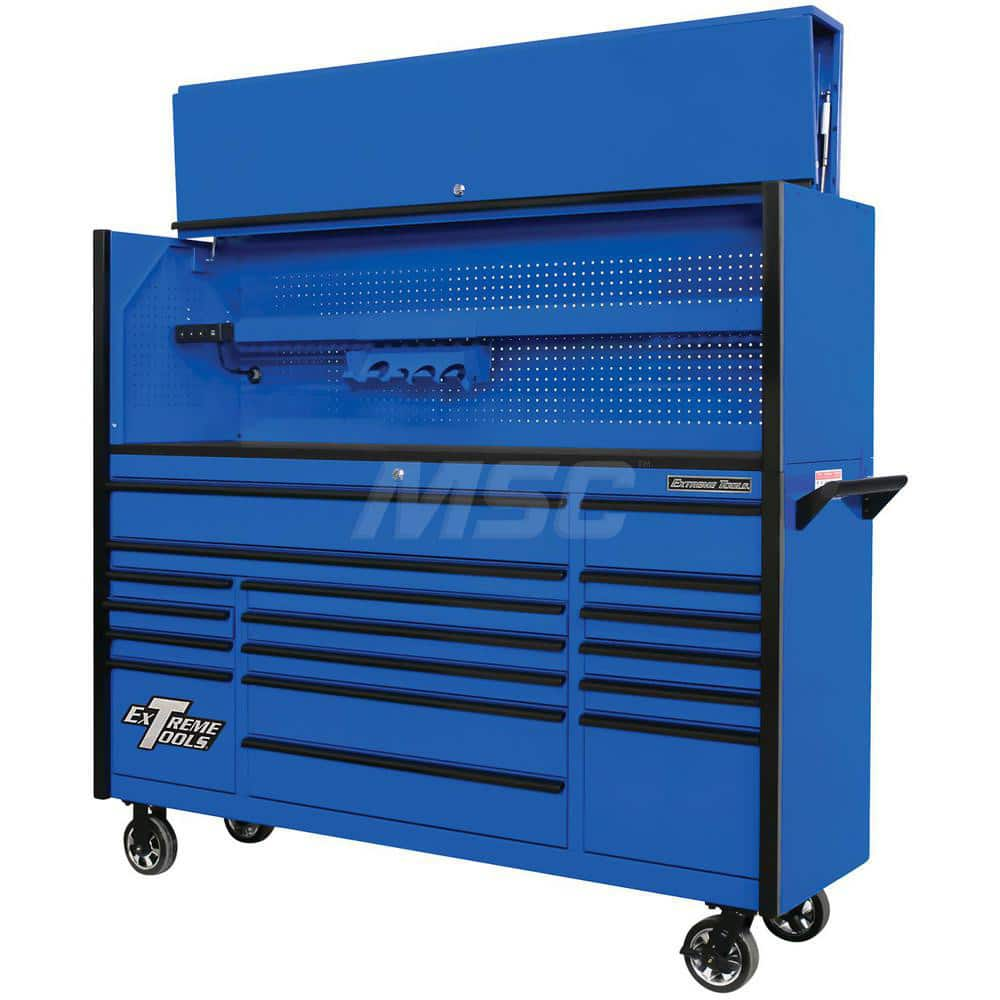 Tool Storage Combos & Systems; Type: Roller Cabinet with Hutch Combo; Drawers Range: More than 15 Drawers; Number of Pieces: 2.000; Width Range: 72″ and Wider; Depth Range: 18″ - 23.9″; Height Range: 60″ and Higher; Color: Combo Blue with Black Trim; Type