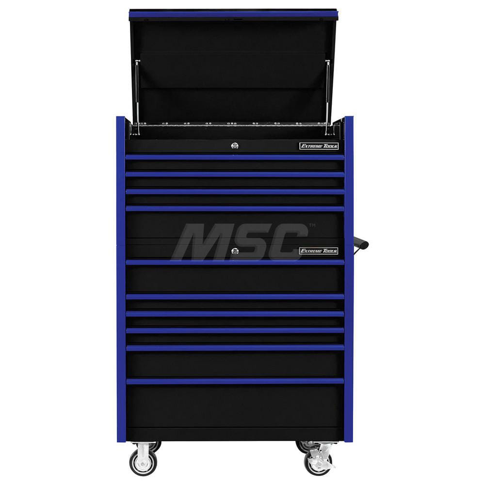 Tool Storage Combos & Systems; Type: Roller Cabinet with Top Chest Combo; Drawers Range: 6 - 10 Drawers; Number of Pieces: 2.000; Width Range: 36″ - 47.9″; Depth Range: 18″ - 23.9″; Height Range: 60″ and Higher; Color: Combo Black with Blue Trim; Type: Ro