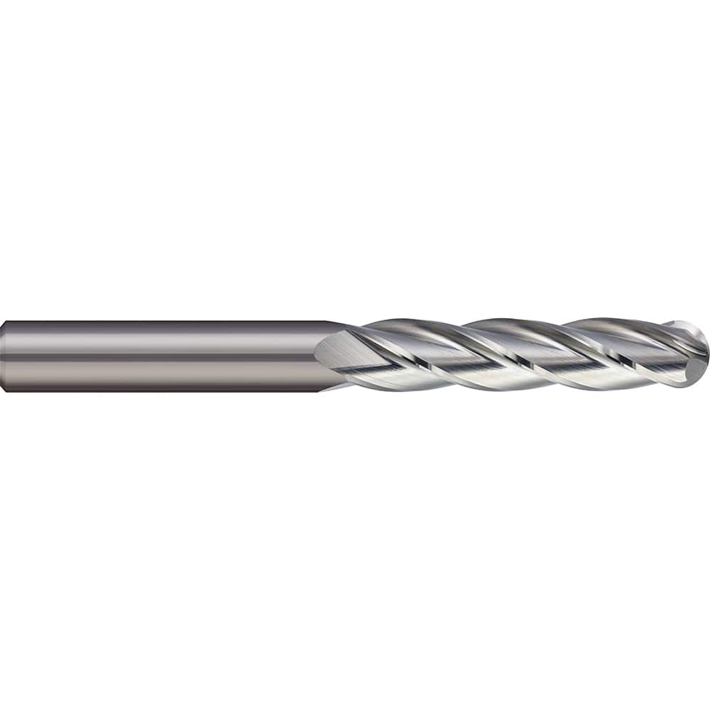 Ball End Mill: 0.7087″ Dia, 2.9528″ LOC, 4 Flute, Solid Carbide 150 mm OAL, 18 mm Shank Dia, 30 ° Helix, Uncoated, Single End