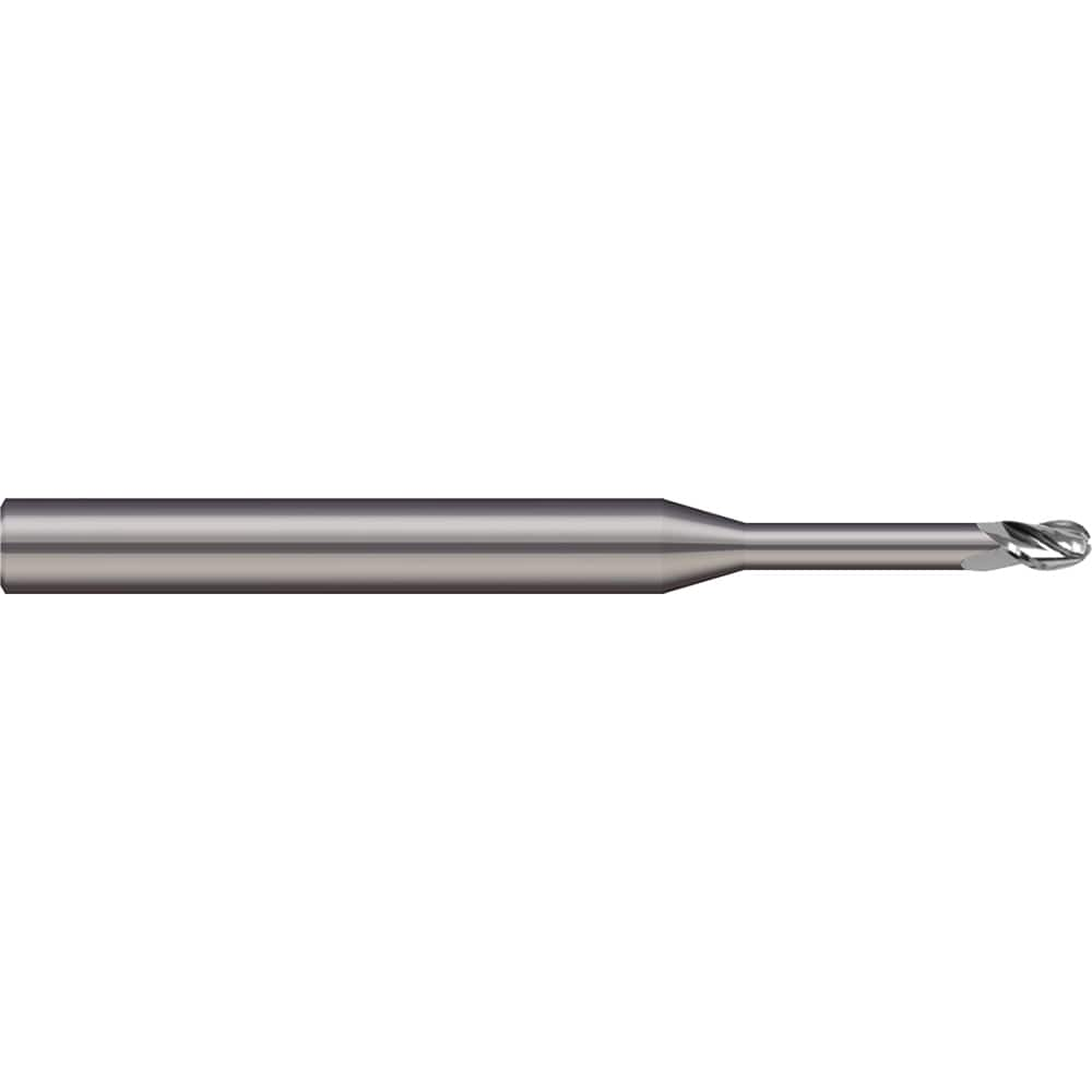 Ball End Mill: 0.025″ Dia, 0.038″ LOC, 3 Flute, Solid Carbide 1-1/2″ OAL, 1/8″ Shank Dia, 20 ° Helix, Uncoated, Single End