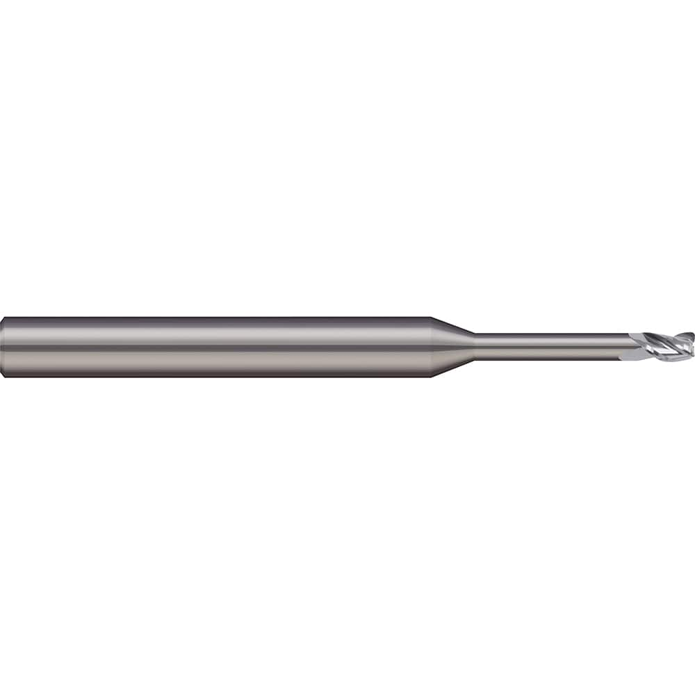 Corner Radius End Mill: 0.03″ Dia, 0.045″ LOC, 0.005″ Radius, 2 Flutes, Solid Carbide 1-1/2″ OAL, 1/8″ Shank Dia, 20 ° Helix, Bright/Uncoated, Corner Radius End