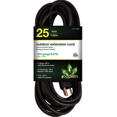 GoGreen Power - Power Cords; Cord Type: Extension Cord ; Overall Length (Feet): 25 ; Cord Color: Black ; Amperage: 13 ; Voltage: 125 ; Wire Gauge/Number of Conductors: 16/3 - Exact Industrial Supply