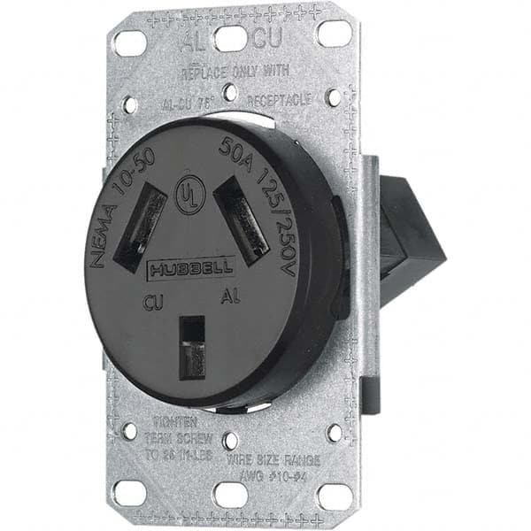 Hubbell Wiring Device-Kellems - 125/250 VAC 50A NEMA 10-50R Residential Grade Black Straight Blade Single Receptacle - A1 Tooling