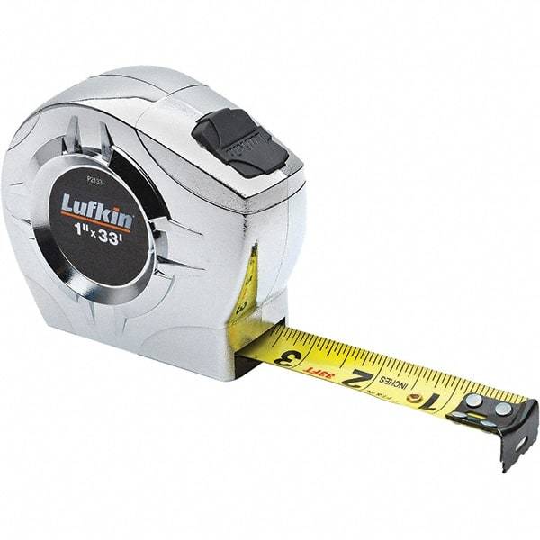 Lufkin - 33' x 1" Yellow Steel Blade Tape Measure - 1/16" & 1/10 & 1/100' Graduation, Inch Graduation Style, Chrome ABS Plastic Case - A1 Tooling