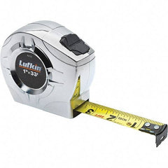 Lufkin - 33' x 1" Yellow Steel Blade Tape Measure - 1/16" & 1/10 & 1/100' Graduation, Inch Graduation Style, Chrome ABS Plastic Case - A1 Tooling