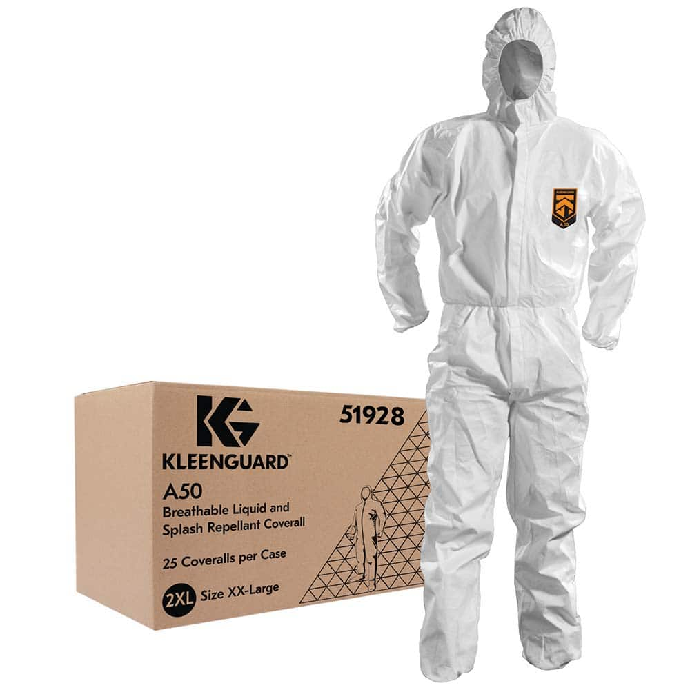 Disposable Coveralls: Size 2X-Large, SMS, Two Way Zipper Closure White, Elastic with Thumb-loop Cuff, Straight Ankle, ISO Non-Cleanroom Class