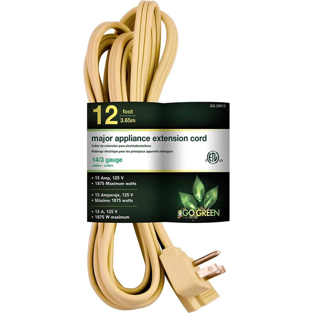 GoGreen Power - Power Cords; Cord Type: Replacement Cord ; Overall Length (Feet): 12 ; Cord Color: Brown ; Amperage: 15 ; Voltage: 125 ; Wire Gauge/Number of Conductors: 12/3 - Exact Industrial Supply