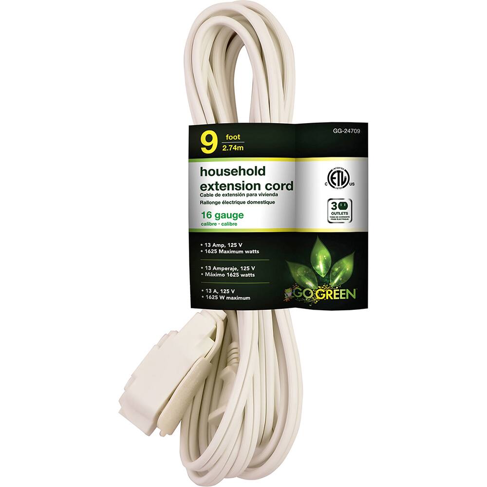 GoGreen Power - Power Cords; Cord Type: Replacement Cord ; Overall Length (Feet): 9 ; Cord Color: White ; Amperage: 13 ; Voltage: 125 ; Wire Gauge/Number of Conductors: 16/2 - Exact Industrial Supply