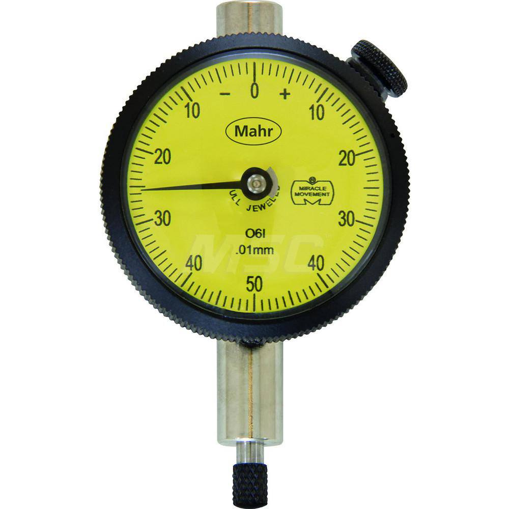 Mahr - Dial Drop Indicators; Maximum Measurement (Inch): 0.25 ; Maximum Measurement (mm): 6.25 ; Dial Graduation (mm): 0.0250 ; Dial Graduation (Decimal Inch): 0.001000 ; Dial Reading: 0-125-0 ; Dial Diameter (mm): 45.00 - Exact Industrial Supply