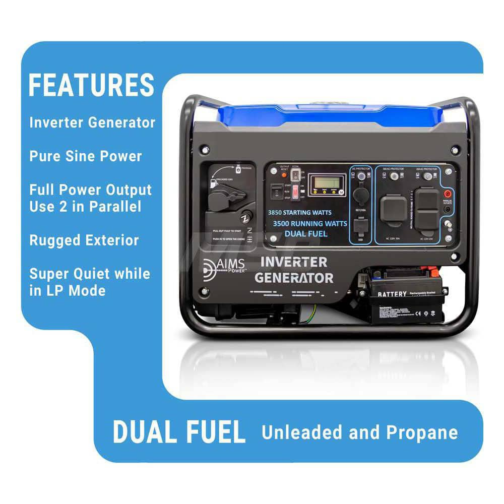 Portable Power Generators; Fuel Type: Gasoline; Liquid Propane (LP); Starting Method: Electric Start; Recoil; Wattage (kW): 3.5; Run Time Full Load (Hours): 7.5; Horsepower (HP): 14.87; Receptacle Type: (1) 12V DC Accessory Outlet; (1) L5-30R 120V; Wattag