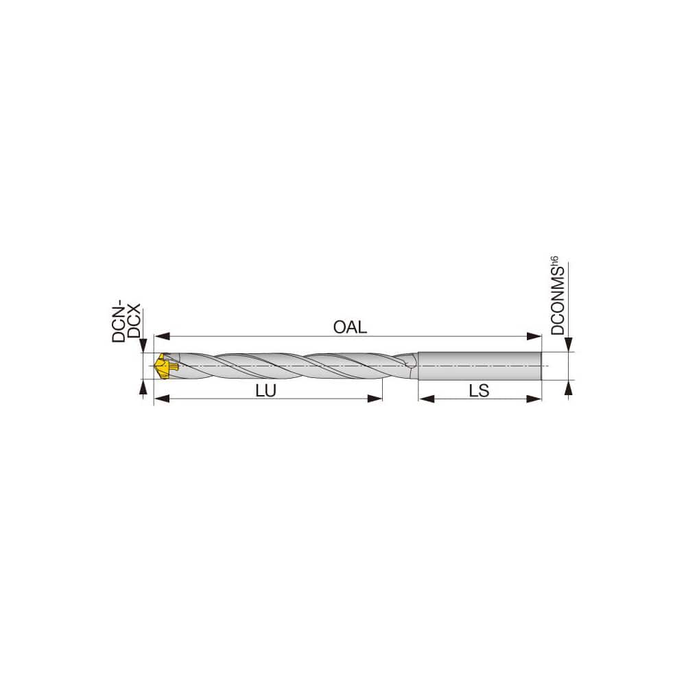 Replaceable Tip Drill: 6 to 6.4 mm Drill Dia, 48 mm Max Depth, 8 mm Straight-Cylindrical Shank Uses DMP Inserts, 104.44 mm OAL, Through Coolant