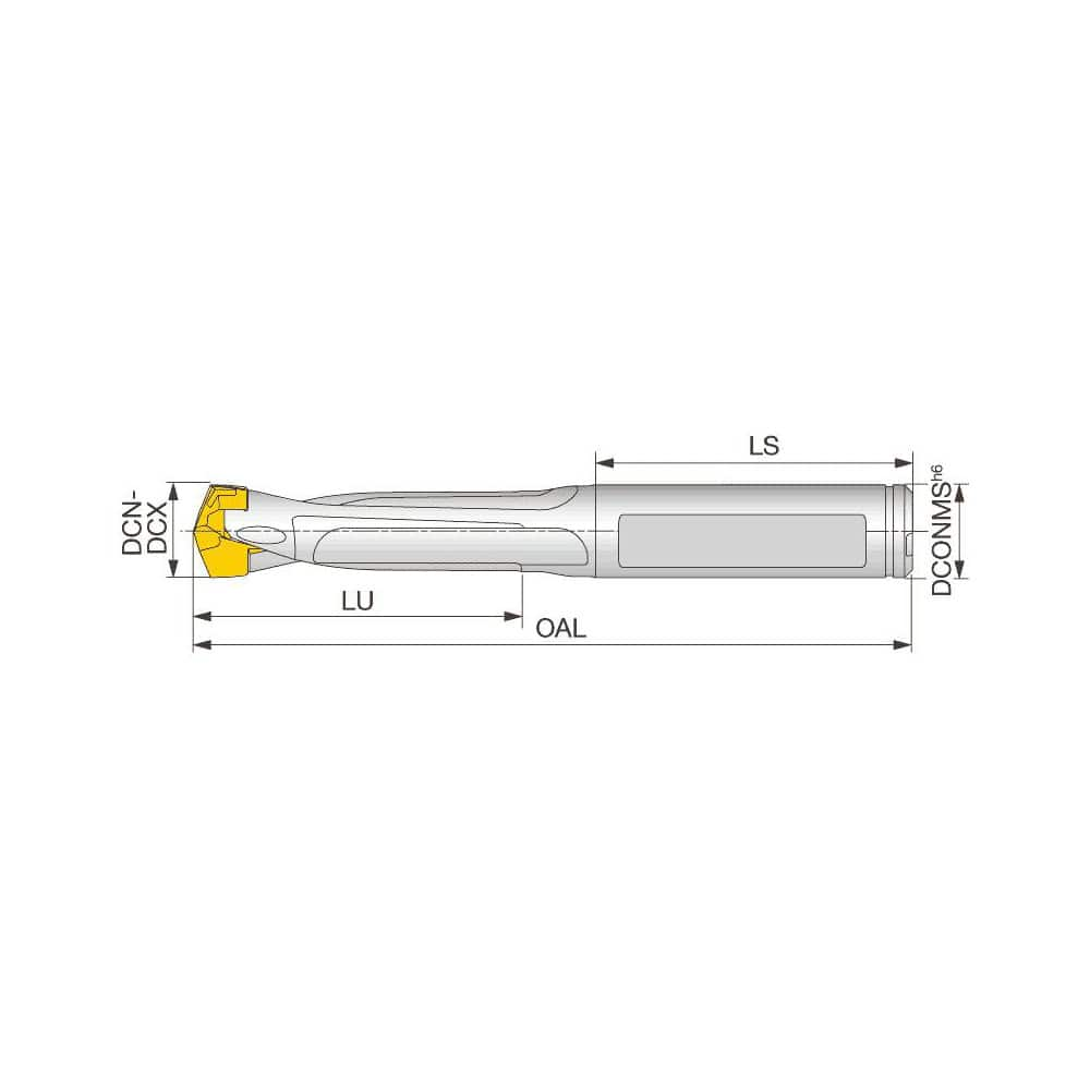 Replaceable Tip Drill: 7.5 to 7.9 mm Drill Dia, 38 mm Max Depth, 8 mm Weldon Flat Shank Uses DMP Inserts, 85.1 mm OAL, Through Coolant