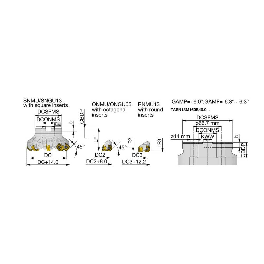 Indexable Chamfer & Angle Face Mills; Minimum Cutting Diameter (mm): 63.00; Maximum Cutting Diameter (mm): 77.00; Maximum Depth of Cut (mm): 6.00; Arbor Hole Diameter (mm): 22.00; Lead Angle: 45; Compatible Insert Size Code: SNMU1307ANEN-MJ; RNMU1307ZNER-