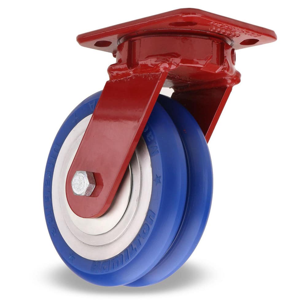 Swivel Top Plate Caster: Polyurethane on Aluminum, 6″ Wheel Dia, 2″ Wheel Width, 1,200 lb Capacity, 7-1/2″ OAH 4.5″ Plate Length, 4″ Plate Width, Non-Marking